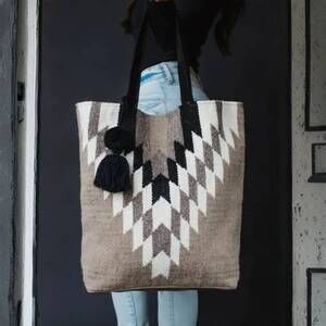 NEW PANACHE APPAREL pom tassel cotton tote in taupe cream black aztec tote
